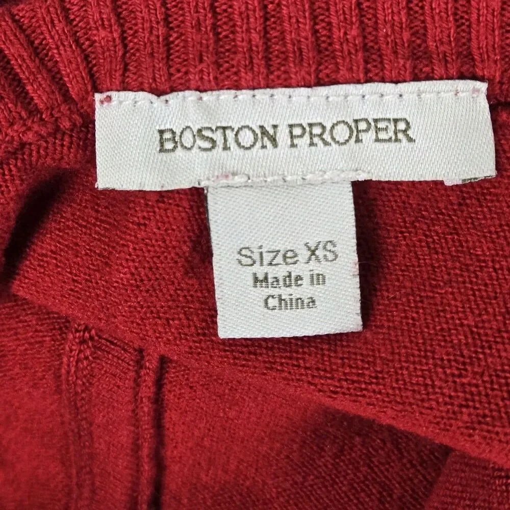 Boston Proper V-Neck Sweater XS Red Cashmere Silk Ribbed Waist & Sleeves